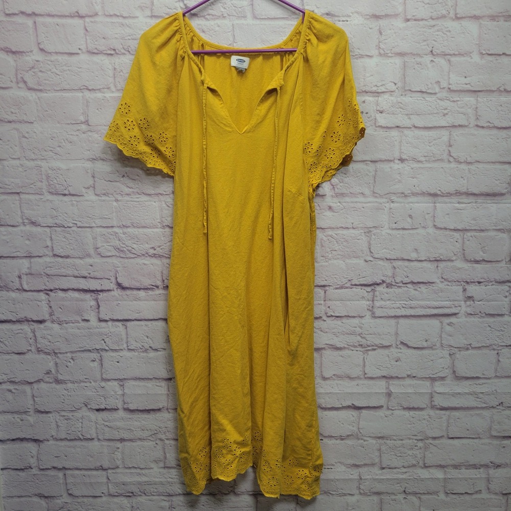 Old Navy Midi Dress Sz XXL Golden Mustard Yellow Eyelet Hem Linen‎ Blend Boho